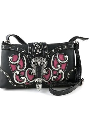 Western Tooled Laser Cut Rhinestone Buckle Messenger/Crossbody Bag NWT